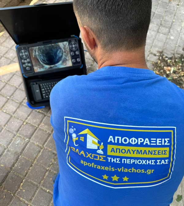 Τεχνικός ελέγχει σωλήνα με κάμερα.